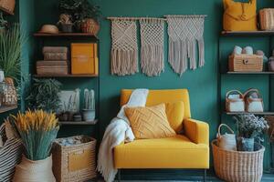 Cozy indoor living area with a yellow chair, plants, and decorative wall art in a modern setting photo