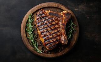A perfectly grilled ribeye steak served on a wooden platter with herbs and seasoning photo