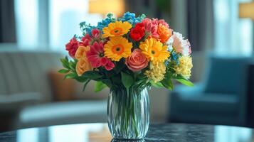 Bright and colorful flower arrangement on a table in a cozy living space during daylight photo