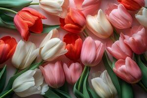 Colorful arrangement of tulips showcasing various shades on a light background photo