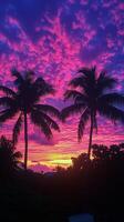 Vibrant sunset view with palm trees lining a quiet street in California during twilight hours photo