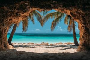 Tranquil tropical beach view from a cave on a sunny day in a picturesque coastal location photo