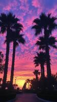 Vibrant sunset view with palm trees lining a quiet street in California during twilight hours photo