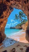 Tropical beach view from a cave entrance on a sunny day with swaying palm trees photo