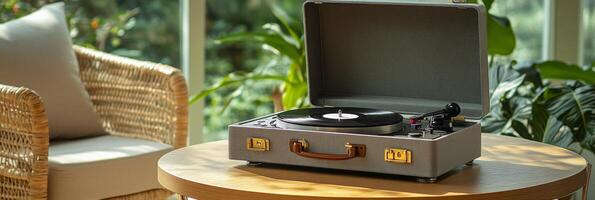A vintage record player on a wooden table surrounded by green plants in a cozy indoor space photo
