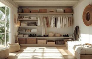 A serene and organized bedroom storage area with natural light and rustic decor photo