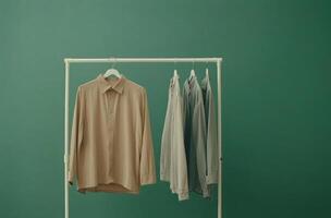 Display of various casual shirts on hangers against a green backdrop in a modern setting photo