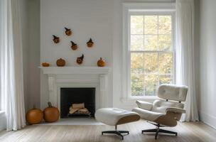Cozy autumn decoration with pumpkins and witch hats around a fireplace in a bright room photo
