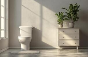 Bright and serene bathroom interior featuring elegant fixtures and indoor plants in natural light photo