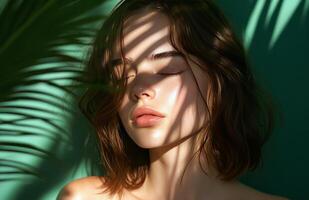 A young woman enjoying the sunlight with shadows created by palm leaves in a serene setting photo
