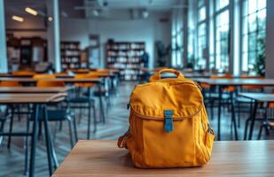 A bright yellow backpack on a wooden table in an empty classroom during morning hours photo