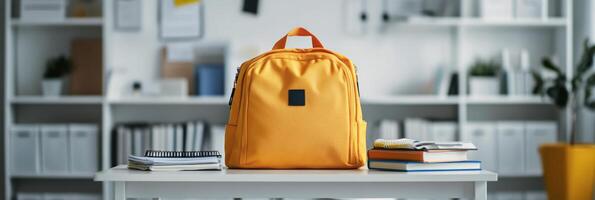 Bright yellow backpack on a table surrounded by books in a modern study area during daytime photo