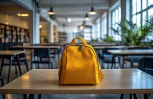 A bright yellow backpack on a wooden table in an empty classroom during morning hours photo