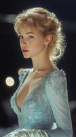 Elegant woman in sparkling blue gown poses gracefully against a soft focus background at night photo