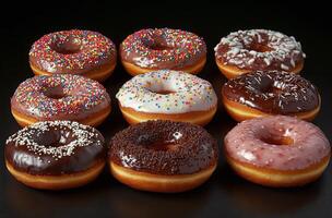 Assorted donuts with chocolate and sprinkles displayed against a dark background photo