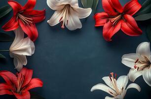 Vibrant red and white lilies arranged on a dark background creating an elegant floral border photo
