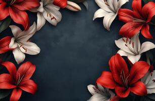 Vibrant red and white lilies arranged on a dark background creating an elegant floral border photo