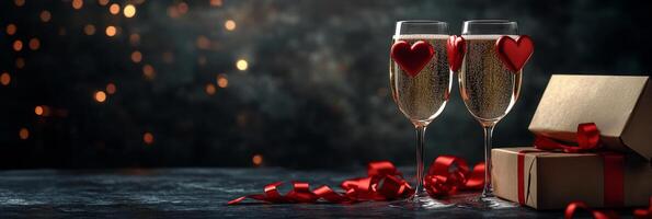 Romantic setting with red wine glasses and gift box for special occasions on dark background photo
