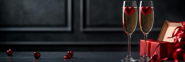 Romantic setting with red wine glasses and gift box for special occasions on dark background photo