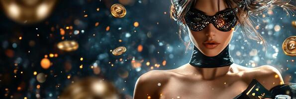 Woman in elegant dress at a roulette table surrounded by floating coins at a vibrant casino photo