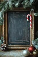 Winter holiday decorations with candy cane and pine cones on a rustic wooden surface photo