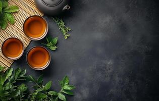 A serene tea setup with a teapot, cups, and leaves on a dark background in a cozy setting photo