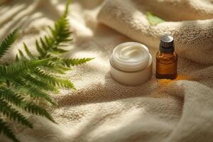Natural skincare products in a serene setting with soft cloth and greenery at morning light photo
