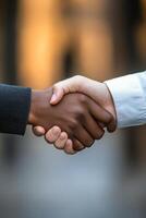 Two hands shaking in a gesture of friendship and agreement, conveying unity and cooperation photo