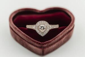 A sparkling heart shaped diamond ring in an elegant velvet box meant for special occasions photo