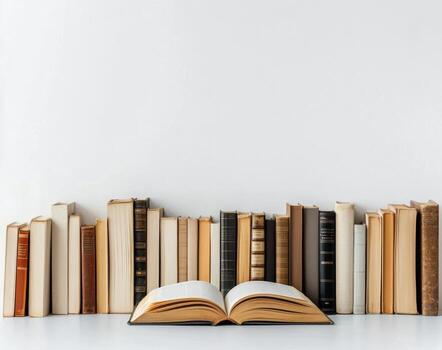 un colección de Clásico libros con un abierto libro en frente en un blanco antecedentes foto