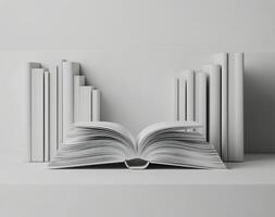 A collection of vintage books with an open book in front on a white background photo