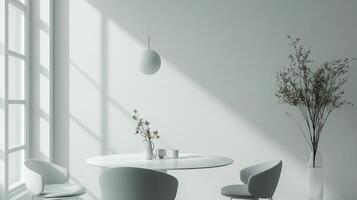 Minimalist dining area with a large table and bright natural light during daytime photo