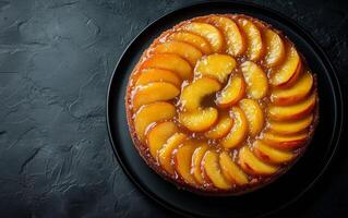 Delicious peach upside down cake on a black plate with glossy caramel glaze in bright lighting photo