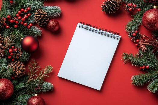 blanco bloc rodeado por festivo decoraciones en un rojo antecedentes durante el fiesta temporada foto