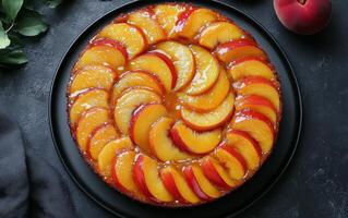 Delicious peach upside down cake on a black plate with glossy caramel glaze in bright lighting photo