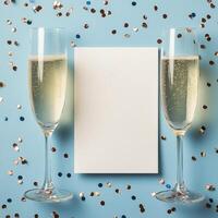 Celebration with sparkling drinks and colorful confetti on a blue backdrop during a festive occasion photo