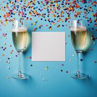 Celebration with sparkling drinks and colorful confetti on a blue backdrop during a festive occasion photo