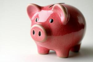 A close view of a pink ceramic piggy bank on a white background at home photo