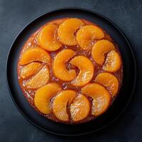 Delicious peach upside down cake served on a black plate in a modern kitchen setting photo