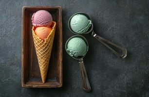 Three colorful ice cream scoops served in a waffle cone on a wooden platter with spoons photo