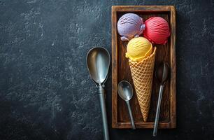 Three colorful ice cream scoops served in a waffle cone on a wooden platter with spoons photo