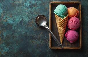 Three colorful ice cream scoops served in a waffle cone on a wooden platter with spoons photo