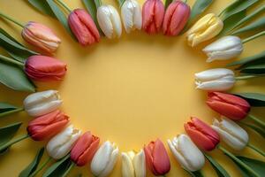 Bright tulips arranged in a circular pattern on a yellow background with natural lighting photo