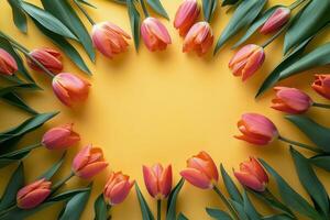 Bright tulips arranged in a circular pattern on a yellow background with natural lighting photo