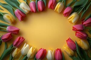 Bright tulips arranged in a circular pattern on a yellow background with natural lighting photo