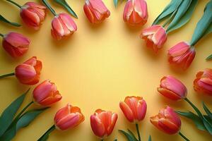 Bright tulips arranged in a circular pattern on a yellow background with natural lighting photo