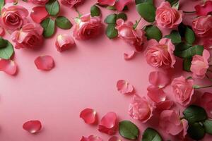 Delicate pink roses surrounded by petals on a soft pink background for a serene atmosphere photo