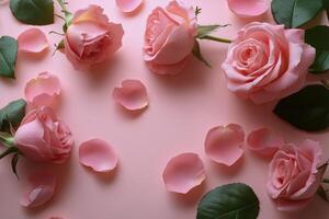Delicate pink roses surrounded by petals on a soft pink background for a serene atmosphere photo