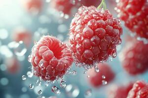 Fresh raspberries glistening with water droplets in a close up view during natural lighting photo