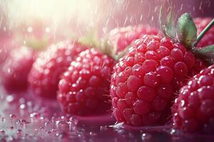 Fresh raspberries glistening with water droplets in a close up view during natural lighting photo